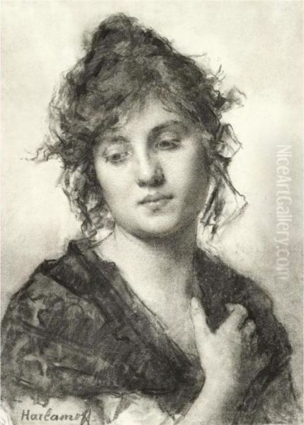 Portrait Of A Young Woman Oil Painting by Alexei Alexeivich Harlamoff