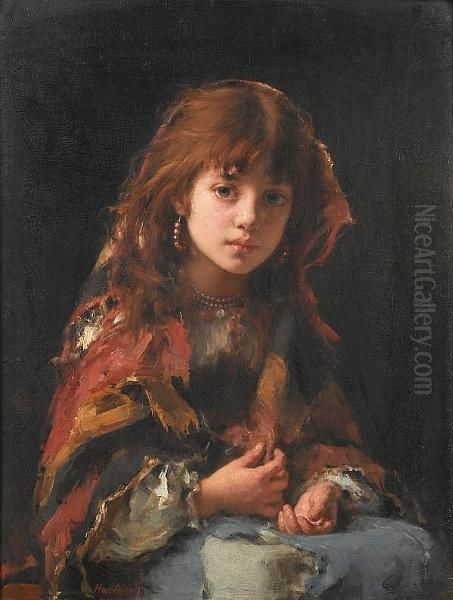 Portrait Of A Young Girl In A Shawl Oil Painting by Alexei Alexeivich Harlamoff