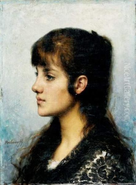 Portrait De Jeune Fille Oil Painting by Alexei Alexeivich Harlamoff