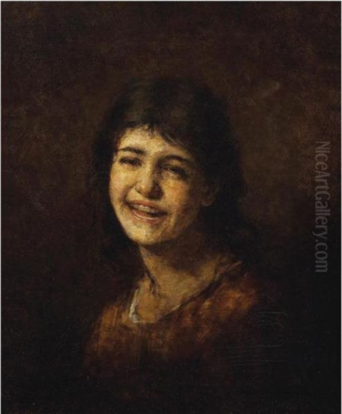 Girl Laughing Oil Painting by Alexei Alexeivich Harlamoff