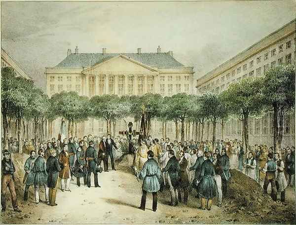 Burial of Revolutionaries in the Place des Martyres de la Liberte, Brussels, 2nd October 1830, engraved by A.M. Jobard (fl.1820-20) Oil Painting by Jean-Louis Van Hemelryck