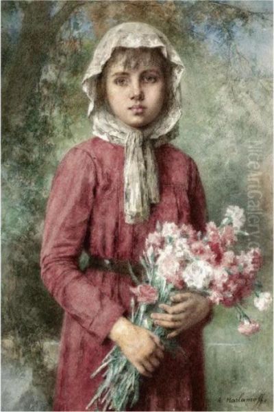 Young Girl With Flowers Oil Painting by Alexei Alexeivich Harlamoff