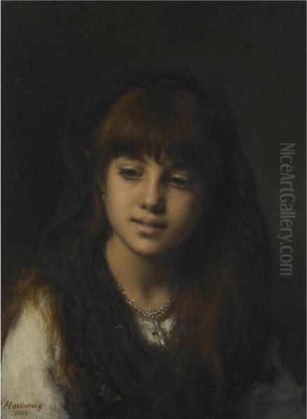 A Young Girl Oil Painting by Alexei Alexeivich Harlamoff