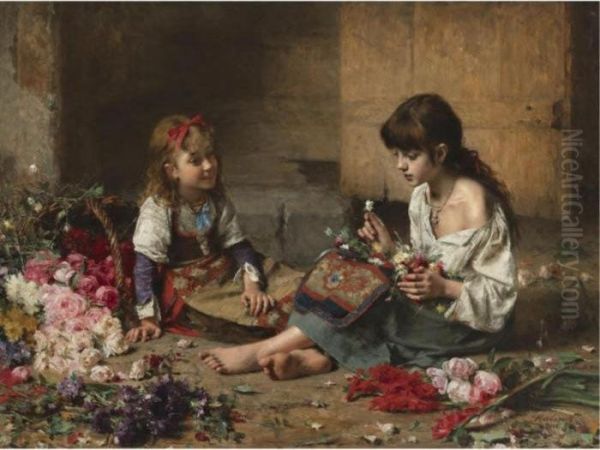 Young Flower Girls Oil Painting by Alexei Alexeivich Harlamoff