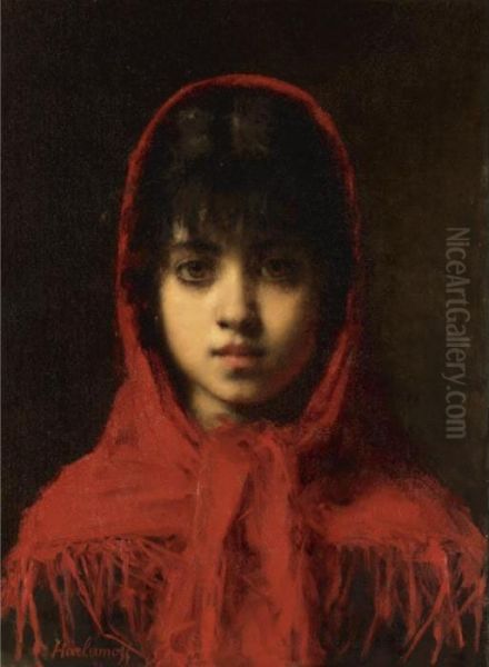 Young Girl In A Red Shawl Oil Painting by Alexei Alexeivich Harlamoff