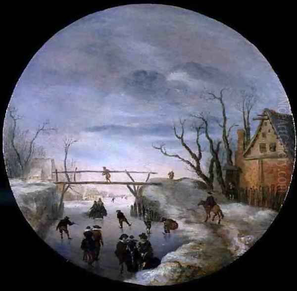 A Frozen River Landscape Oil Painting by Antoni Verstralen (van Stralen)