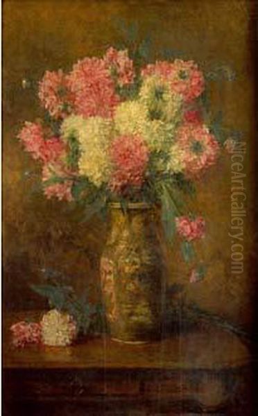 Bouquet De Fleurs Dans Un Vase Pose Sur Une Table Oil Painting by Alexei Alexeivich Harlamoff