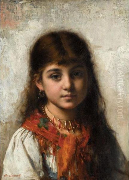 Girl With Coral Necklace And Shawl Oil Painting by Alexei Alexeivich Harlamoff