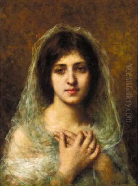 Portrait Of A Young Girl Oil Painting by Alexei Alexeivich Harlamoff