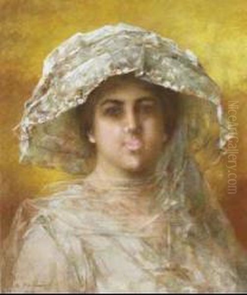 A Sultry Model Oil Painting by Alexei Alexeivich Harlamoff