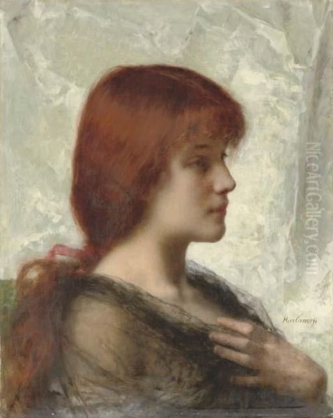 An Auburn Beauty Oil Painting by Alexei Alexeivich Harlamoff