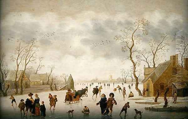 Winter landscape with skaters and colf players Oil Painting by Antoni Verstralen (van Stralen)