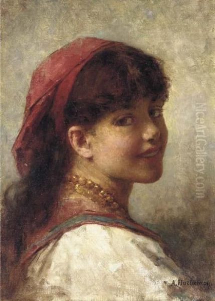 A Neapolitan Girl Oil Painting by Alexei Alexeivich Harlamoff