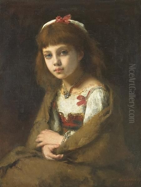 A Portrait Of A Young Girl With A Pearl Necklace Oil Painting by Alexei Alexeivich Harlamoff