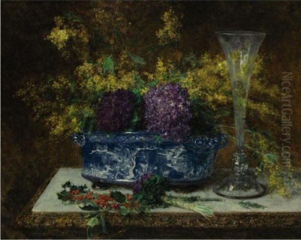 Still Life With Flowers And Holly Oil Painting by Alexei Alexeivich Harlamoff