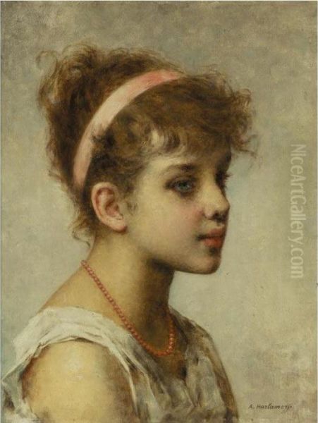 Girl With Pink Ribbon Oil Painting by Alexei Alexeivich Harlamoff