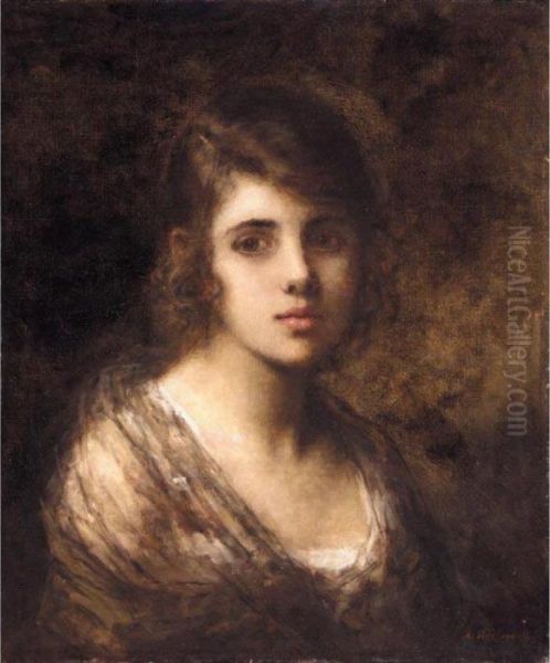 Young Brunette Oil Painting by Alexei Alexeivich Harlamoff