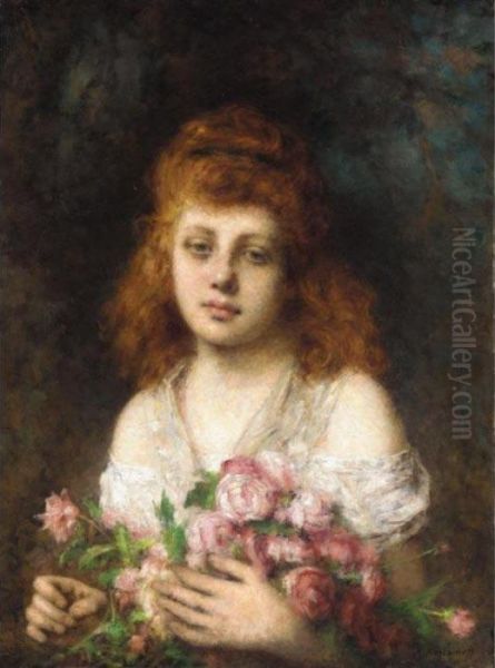 Auburn-haired Beauty With Bouquet Of Roses Oil Painting by Alexei Alexeivich Harlamoff