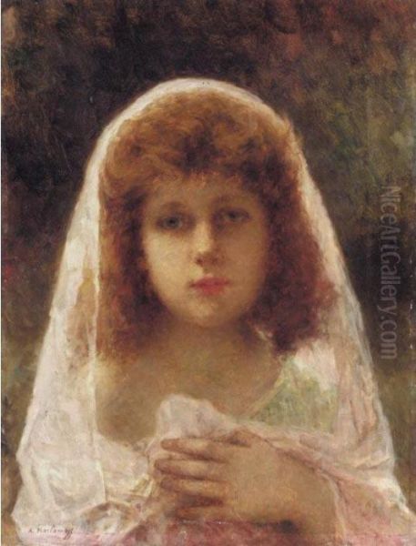 Young Girl In A Pink Veil Oil Painting by Alexei Alexeivich Harlamoff