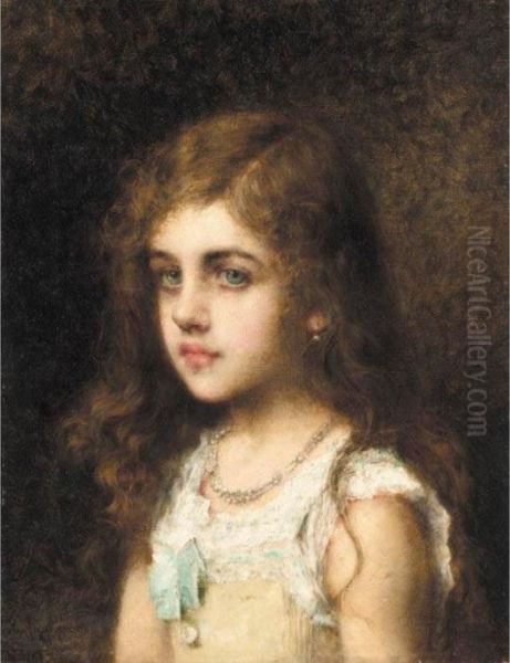 Young Girl With A Turquoise Bow Oil Painting by Alexei Alexeivich Harlamoff