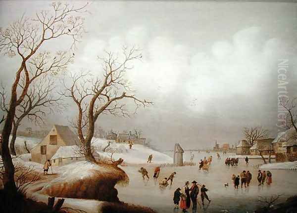 Winter Landscape with Figures Skating Oil Painting by Antoni Verstralen (van Stralen)