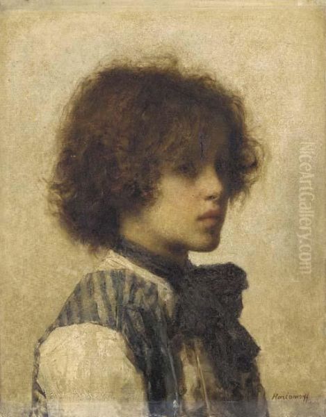 A Young Boy Wearing A Striped Vest Oil Painting by Alexei Alexeivich Harlamoff