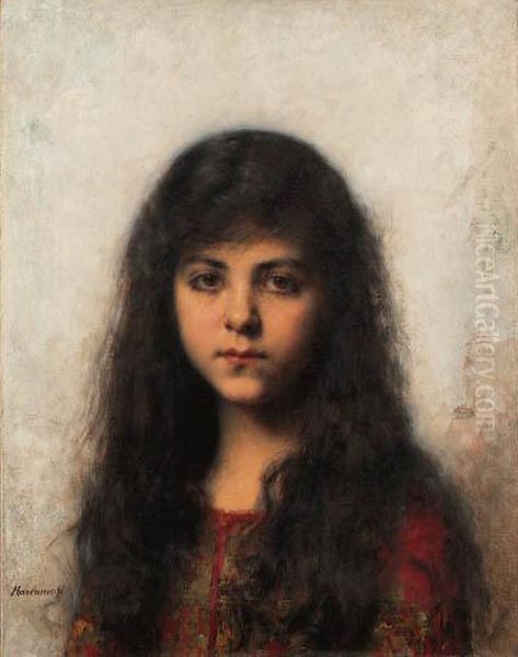 Portrait Of A Young Girl Oil Painting by Alexei Alexeivich Harlamoff