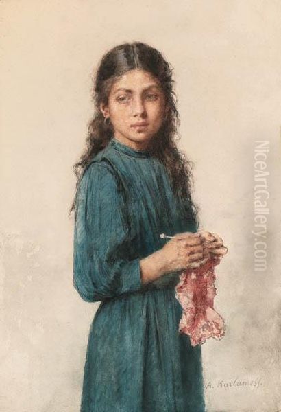 A Young Girl Knitting Oil Painting by Alexei Alexeivich Harlamoff