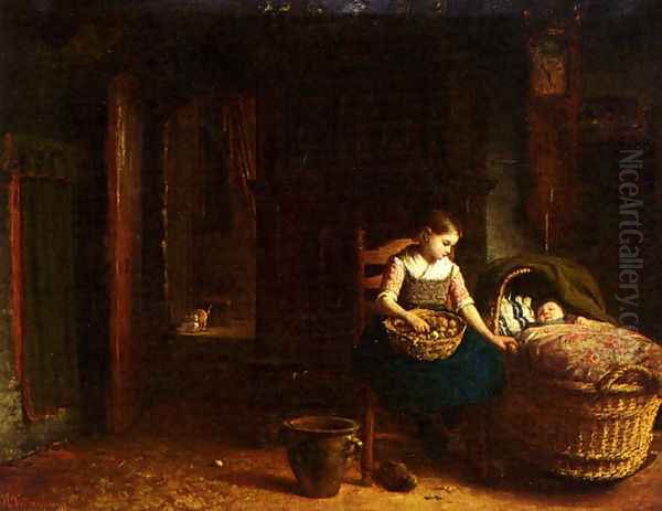 By The Cradle Oil Painting by Hendrik Valkenburg