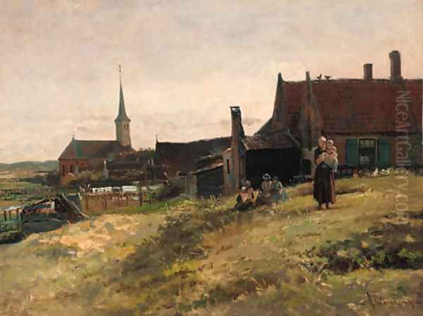 A family before a farm house, Zandvoort Oil Painting by Hendrik Valkenburg