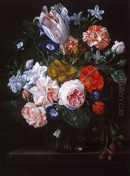 A Tulip, Carnations, and Morning Glory in a Glass Vase Oil Painting by Nicolaes van Veerendael