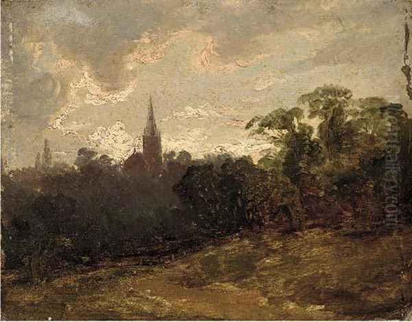 A Wooded Landscape With A Church Beyond Oil Painting by Thomas Gainsborough