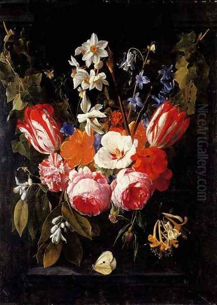 A swag of tulips, peonies, carnations, narcissi and other flowers with a butterfly in a stone niche Oil Painting by Nicolaes van Veerendael