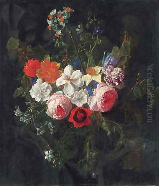 A swag of roses, carnations, narcissi, harebells, thistles, a poppy, a daffodil, a crocus, and other flowers hanging before a stone cartouche Oil Painting by Nicolaes van Veerendael