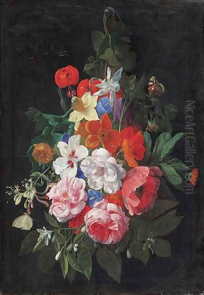 A swag of roses and other flowers hanging from a nail Oil Painting by Nicolaes van Veerendael