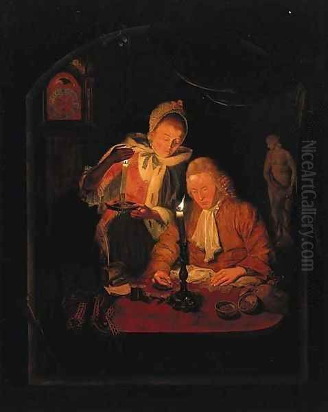 An elegant couple counting money by candlelight, at a stone niche Oil Painting by Michiel Versteegh