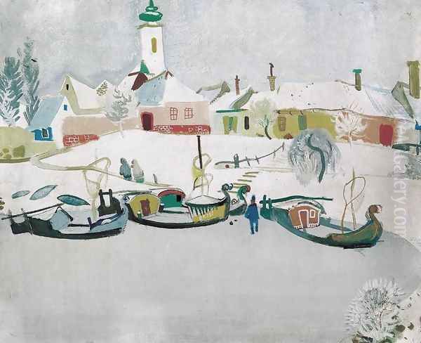 Village at the Bank of a Frozen River Oil Painting by Endre Vadasz