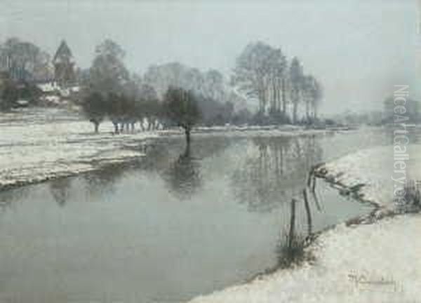 Winter Am Niederrhein. Signiert 
Unten Rechts: M. Clarenbach. Ol Auf Leinwand. H 50; B 70 Cm. Oil Painting by Maximilian Clarenbach