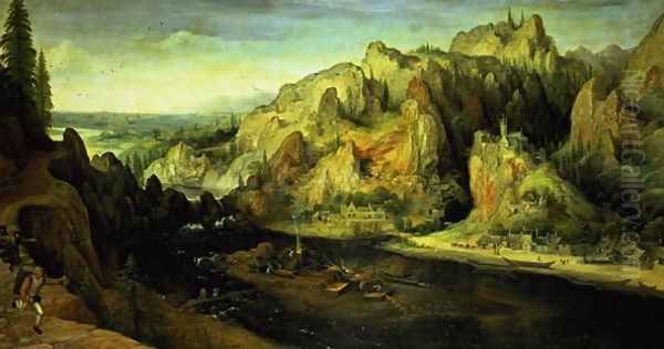 Mountain Landscape with a surprise attack, c.1585 Oil Painting by Lucas van Valckenborch