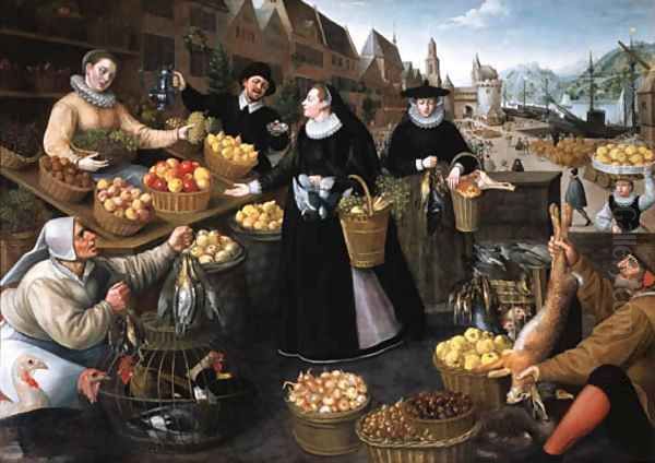 An Allegory of Autumn a fruit and vegetable stall above the Weinmarkt in Frankfurt am Main Oil Painting by Lucas van Valckenborch