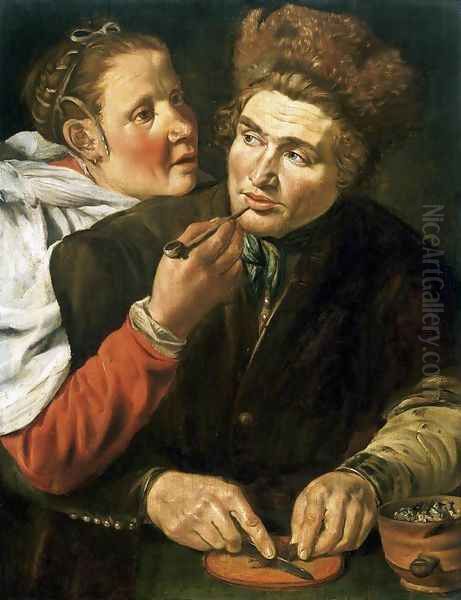 A Man Cutting Tobacco Oil Painting by Werner Jacobsz. van den Valckert