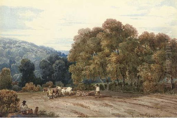 A Horsedrawn Plough In An Extensive Landscape Oil Painting by David I Cox