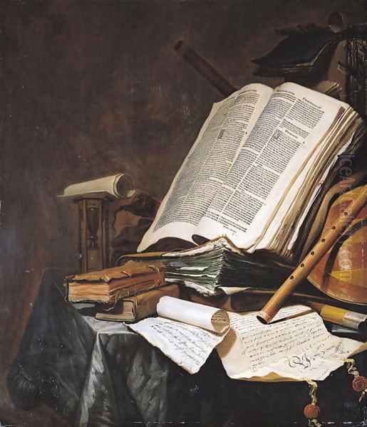 Books and Musical Instruments Oil Painting by Jan Vermeulen