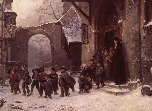 Snow Scene: Children Leaving School, c.1853 Oil Painting by Marc Louis Benjamin Vautier