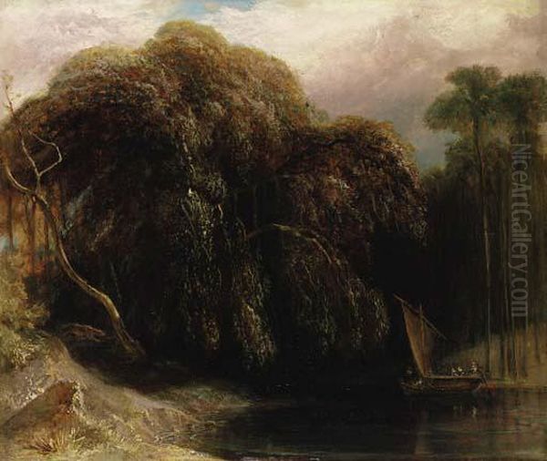 V Wooded River Landscape With A 
Tiger Stalking A Fishing Boat Inthe Sunderbans, East Bengal Oil Painting by William Daniell RA