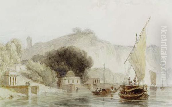 Boats By The Ghats Near Kara, On The Ganges Oil Painting by William Daniell RA