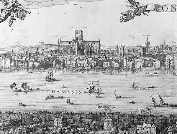 Panorama of London and the Thames, part two showing St. Pauls Cathedral and the Globe Theatre, c. 1600 Oil Painting by Nicolaes (Claes) Jansz Visscher