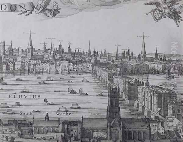 Panorama of London and the Thames, part three showing Southwark, London Bridge and the churches in the City, c.1600 Oil Painting by Nicolaes (Claes) Jansz Visscher