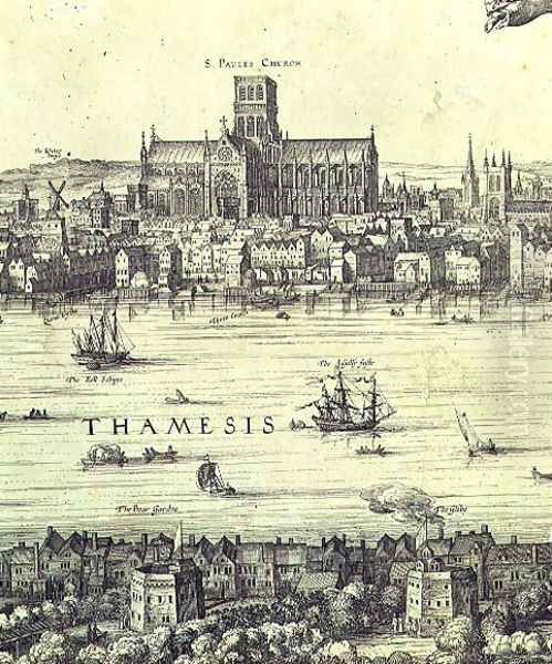 Panorama of London and the Thames, detail from part two showing St. Pauls Cathedral and the Globe Theatre, c.1600 Oil Painting by Nicolaes (Claes) Jansz Visscher