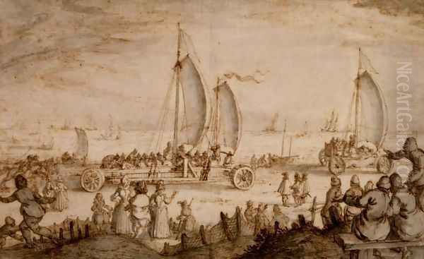 Prins Maurits of Nassau's land yachts on the beach at Scheveningen, c.1614-15 Oil Painting by Nicolaes (Claes) Jansz Visscher